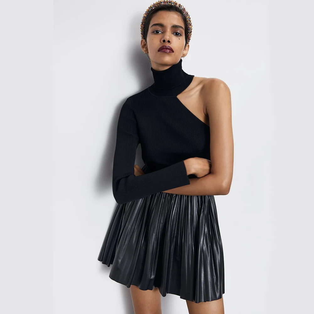 Stylish Chic Pu Leather Sexy Mini Skirt with Za Fashion Women High Waist Pleated Hem Skirts Casual Streetwear Party Faldas Gifts