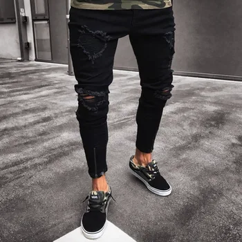 

Knee Hole Cool Men Black Skinny Biker Jeans Frayed Slim Fit Long Denim Trousers Summer Casual Streetwear Jeans