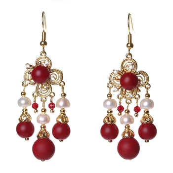 

Pearl Long Earrings Female Antique Glass Earrings Zircon Red Festive Bride Earrings Tassel Chinese Style To Send Girlfriend