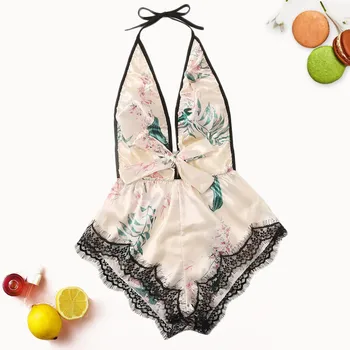 

Women Sexy Bodysuit Lingerie Deep V-neck Backless Pajamas Flower Print Lace Stain Bow Lingerie Silk Jumpsuit One Piece Underwear
