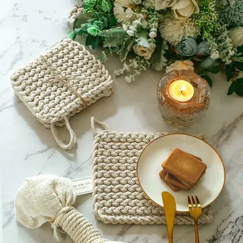 

Bohemian Decor Placemat Hand Woven Cup Mat Anti-slip Meal Mat Cotton Rope Decorative Mat For Table Dining Room
