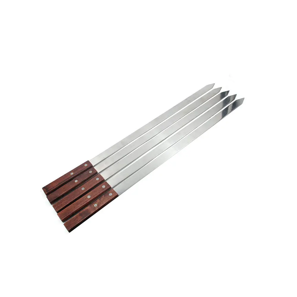 Stainless Steel Wooden Handle Flat Sign Barbecue Skewer Long Tools 5pcs Lamb Beef Outdoor Picnic Utensils