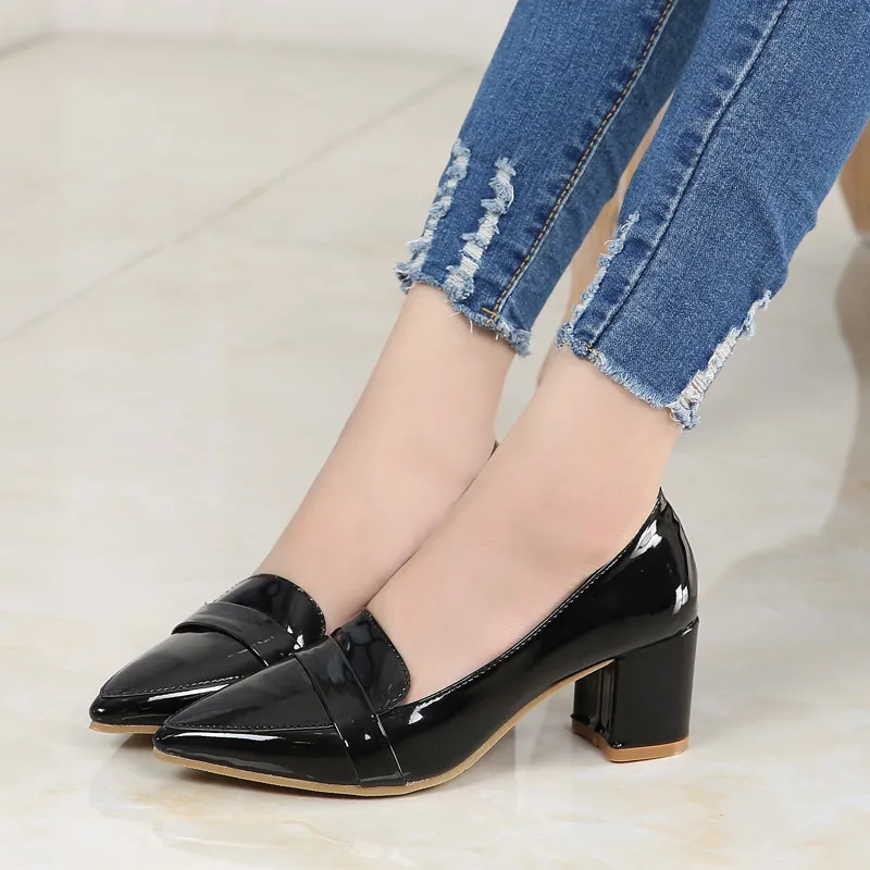 

2019 Europe And America New Style Chunky-Heel WOMEN'S Shoes Fashion Patent Leather High Heel Pointed Work Shoes Versatile WOMEN'
