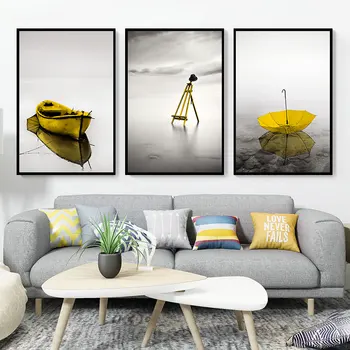

Nordic Style Black And White Seascape Canvas Painting Yellow Umbrella Boat Poster And Print Picture Living Room Bedroom Decor
