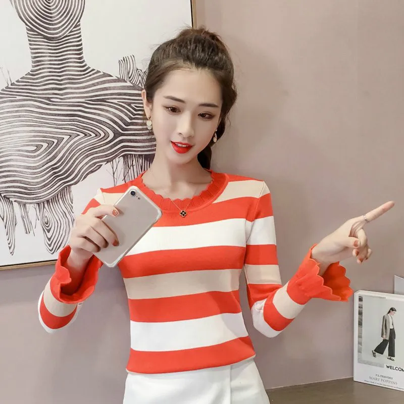 

Knitted sweater new style long sleeve sweater trumpet sleeve elastic Pullover for women in autumn and winter