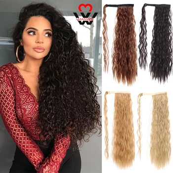 

MANWEI Synthetic Hairpiece Corn Wavy Long Ponytail Wrap on Clip Hair Extensions Ombre Brown Pony Tail Blonde Fack Hair
