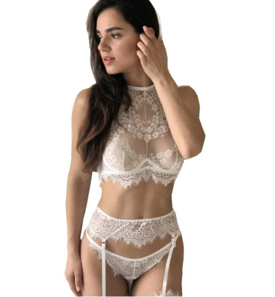 02 white Lingerie Sexy Hot Erotic Bra Panty G-string Garters Set Exotic Underwear Porno Sexy Transparent Lingerie Lace Bra& Brief Sets - Цвет: 02 white