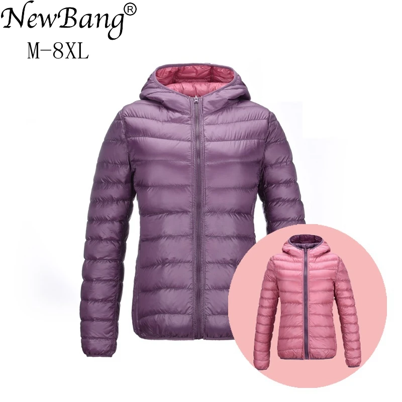 Goede Newbang 7XL 8XL Down Jassen Vrouwen Ultra Licht Donsjack Vrouwen Feather Jassen Double Side Omkeerbare Lichtgewicht Warme Jassen