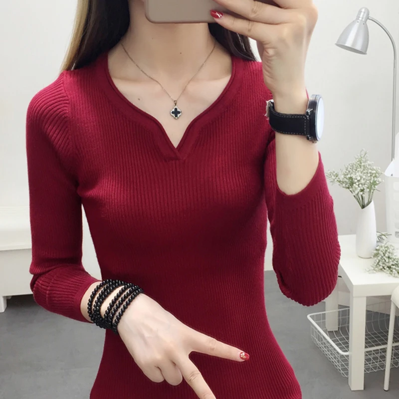 

Lcybhe Autumn and Winter New Type 2019 Knitted Sweater Bottom Shirt V-collar Pure-color Pullover Woman 29L