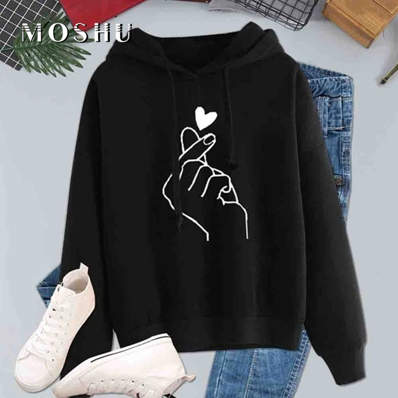 

Finger Heart Love Print Hoodies Women Casual Kpop Sweatshirts Female Pattern Hooded Long Sleeve Drawstring Plus Size Pullovers