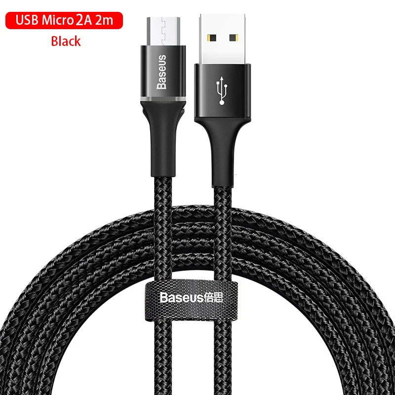 Baseus Micro USB кабель 3A быстрой зарядки Android кабель для передачи данных для мобильного телефона Micro Зарядное устройство, 1 м, 2 м, проволочные заряжающие провода шнур с светодиодный освещения - Название цвета: 2A 2m Black