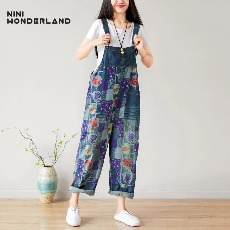 

NINI WONDERLAND Women Fashion Denim Jumpsuits Pants 2019 Vintage Print Flower Jean Overalls Female Big Size Hole Rompers Thin