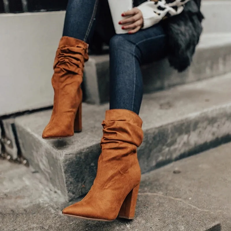 

MoneRffi Women Boots Retro Slip On Pointed Toe Booties Solid Short Boots High Solid Heel Shoes Women Shoes Autumn botas mujer
