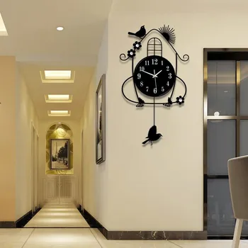 

Creative black iron swing hanging bird durable metal electronic wall clock large wall arts and crafts modern design wall clockWF