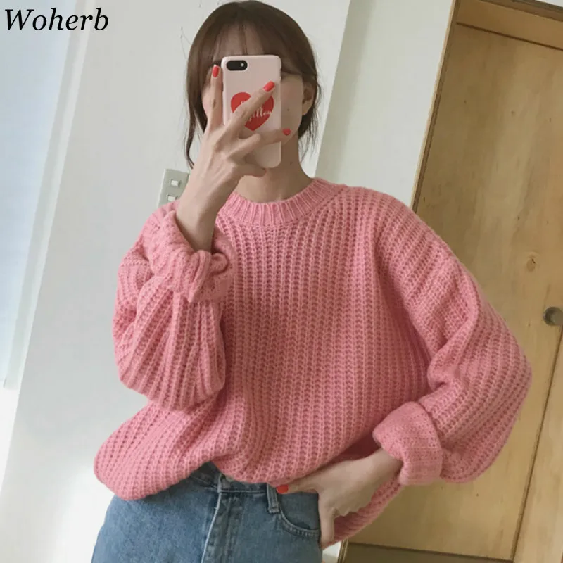 

Woherb Pullovers Female Solid Color Long Sleeve Basic Sweater Women Plus Size Casual Loose Knit Top Korean Fashion Jumpers 90928