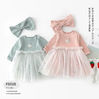 

Autumn New Kids Princess dresses Korean Edition Stitching Crown Long Sleeve Baby Girl Long Sleeve Romper dresses