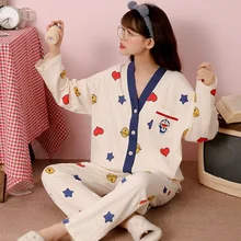 Cute Knitted Cotton Pajamas Women Simple and Casual Ladies Pajamas Long Sleeves with Trousers Home Service Suit Sleep Tops