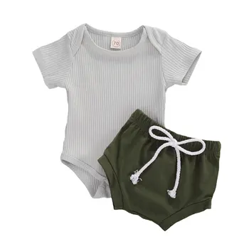 

Toddler Boy Romper Shorts Suit Crotch Buttons O-Neck Short Sleeve Knitting Loose Lace-up shorts 2pcs