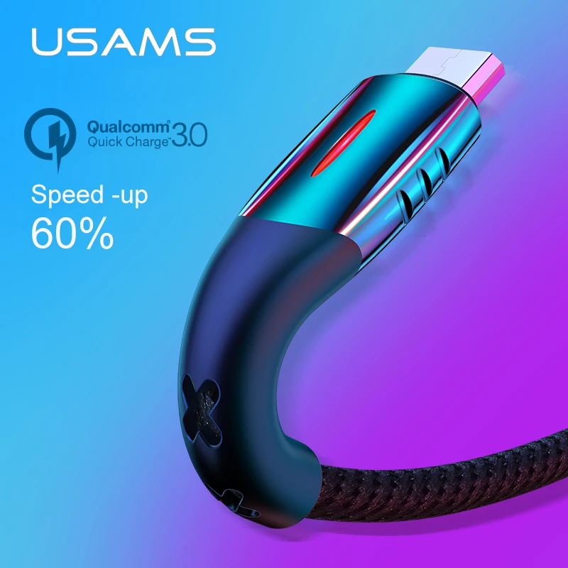 USAMS Micro USB кабель Smart Power off 3 0 LED QC быстрое зарядное устройство для Android Xiaomi Huawei Microusb