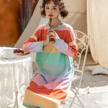 

Pregnant Women rainbow Dresses Long Sleeve 100% Cotton Dress Pregnancy Wear Expectant Mother Sleepwear Clothes Maternity Pajamas