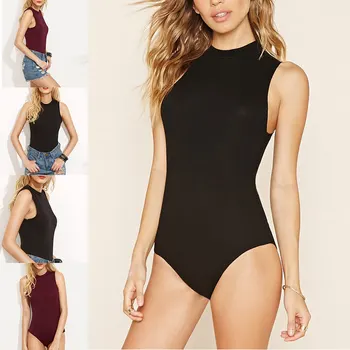 

Womens Sleeveless Tops Basic Round Neck Leotard Bodysuit Solid Color Jumpsuit TC21