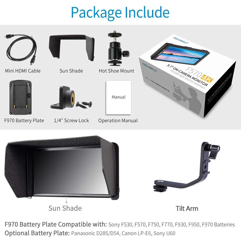 Feelworld F570 5.7" IPS Full HD 1920x1080 4K HDMI On-camera Field Monitor with NP750 Battery + Charger for Canon Nikon Sony DSLR