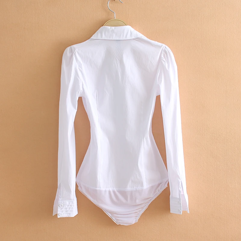 Plus Size Solid Color Turn-down Collar V Neck Bodysuit Women Shirts Front Pleated White Blouse Offi