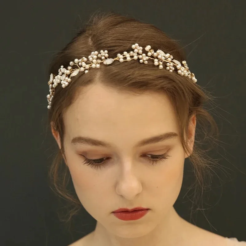 Роскошный Опал Кристалл волос лоза Свадебная повязка Жемчуг цветок свадебный головной убор ручной работы тонкие украшения для волос для невест