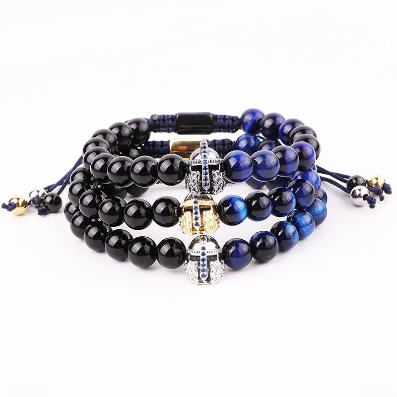 New Design Natural Stone Beads Blue Tiger Eye Helmet Charm Macrame Adjustable Bracelet Men