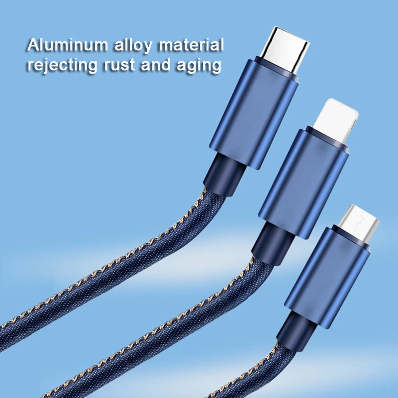 GEMT 1,2 m применимый iOS Android type-c 3 в 1 джинсовый usb кабель для передачи данных один drag три usb кабель для быстрой зарядки мобильного телефона
