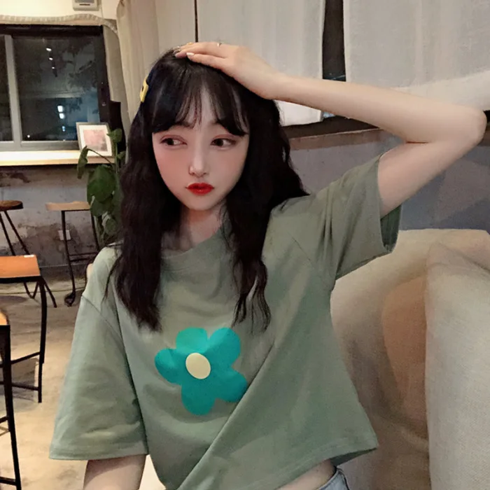 Summer Casual Style Short Loose Fit T shirt Tops Yellow Cotton Half sleeve Shirt O Neck Free Shipping 2020 Korean Clothes
