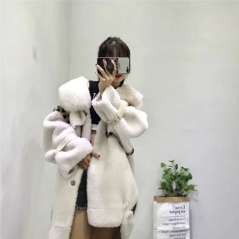Женская длинная куртка из овечьего меха, меховое пальто с карманами, Женское зимнее теплое пальто из овечьего меха