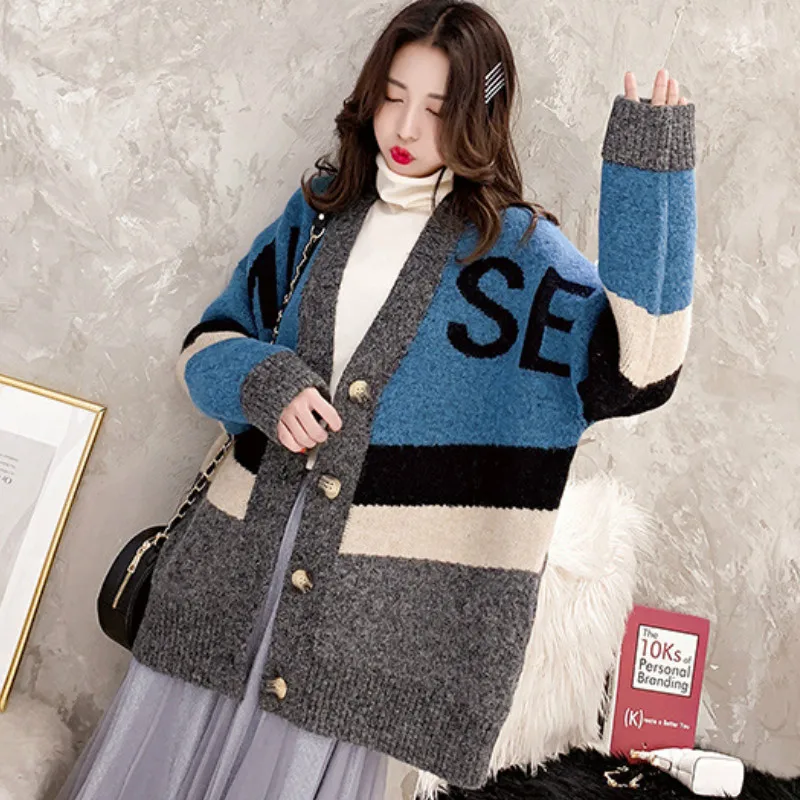 Neploe корейский Crazy style свободный тонкий свитер кардиганы женские средней длины лоскутное письмо Pull Femme вязаное зимнее пальто 46509