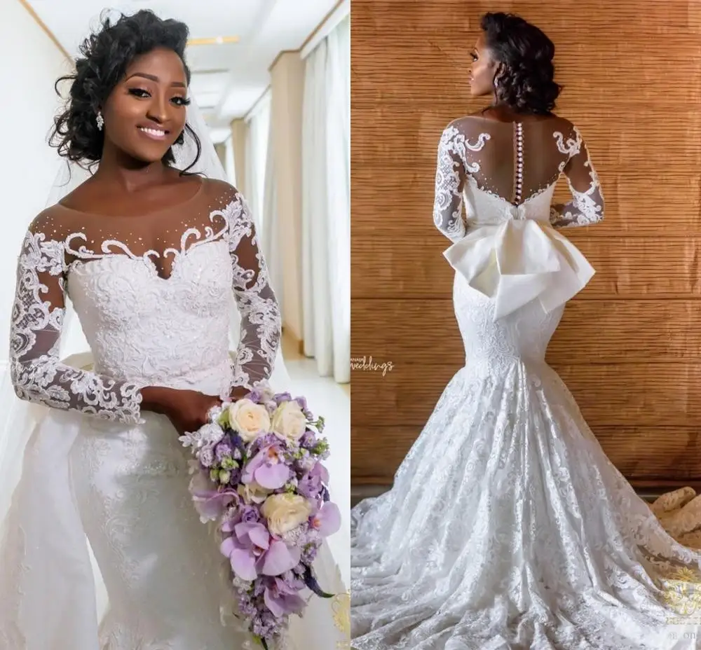 

Vintage African Long Sleeves Lace Mermaid Wedding Dress Luxury Off Shoulder Applique Plus Size Bridal Gown