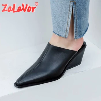 

ZALAVOR Genuine Leather Lady Shoes Wedges Sandals Small Square Toe Shoes Open Heels Pointed Toe Shoes Women Footwear Size 34-40