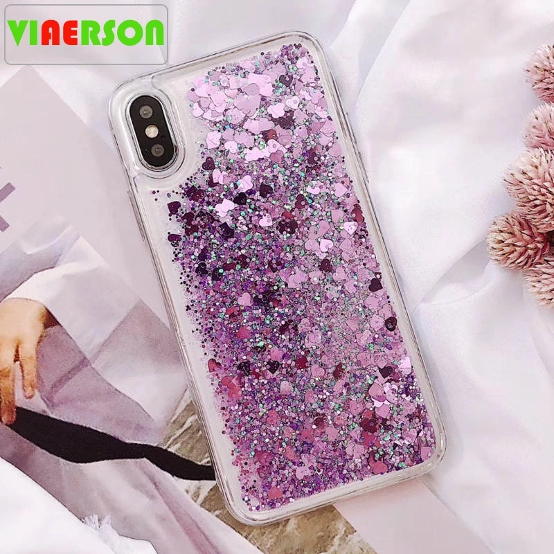 VIAERSON Water Liquid Case For Huawei Y5 Y6 Y7 Y9 Prime 2018 Cute Shiny Love Heart Glitter Bling Sequin Cover 2019 | Мобильные