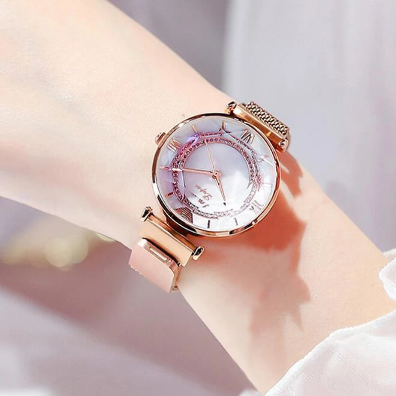 Luxury Ladies Watch Magnet Stainless Steel Mesh Marble Dial Fashion Diamond Female Luminous Shining Quartz Watch Relogio - Цвет: Rose White