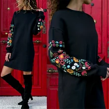 Женское платье с цветочным принтом, с длинным рукавом, с круглым вырезом, свободное, тонкое, теплое, сексуальное, элегантное, многоцветное, черное, mujer, Осеннее, vestido#111