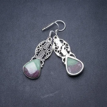 

Natural Ruby Zoisite Handmade Unique 925 Sterling Silver Earrings 2" Y3264