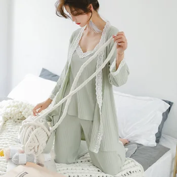 

Cotton Green 3PCS Sleep Set Nightwear Women Kimono Bathrobe Sleepwear Novelty Lace Home Clothing Lingerie Intimate Lingerie