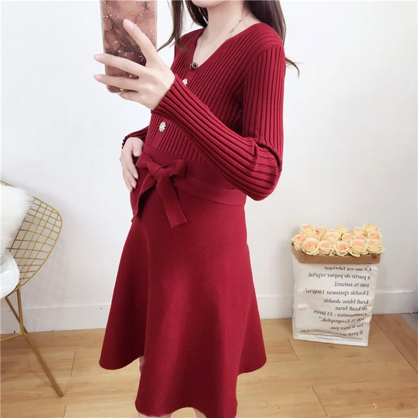 Осенне-зимнее платье для беременных новое корейское Модное Длинное трикотажное платье вязаный свитер для беременных