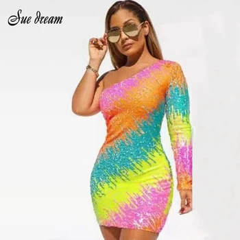 

2020 Summer New Women'S Sexy One-Shoulder Long-Sleeved Color Sequined Mini Dress Bodycon Club Party Dress Vestidos