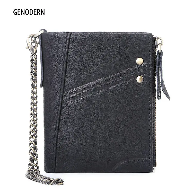 Men Wallet Purses Metal-Chain Double-Zipper Women GENODERN RFID Short with Hasp for Man