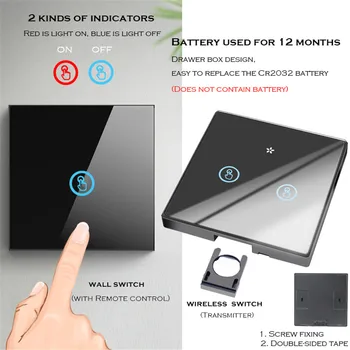 

Light-touch switch Tempered-glass-panel wall switch wireless remote controller smart free stikers 86 type lamp AC110V-240V