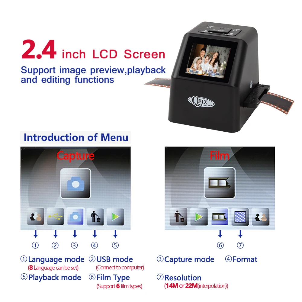Portable Digital Film Scanner Convert 35mm 135 110 126KPK Super 8 Slides & Negatives to 22 Mega Pixels JPEG 2.4"LCD Screen negative film scanner