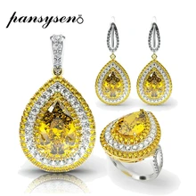 PANSYSEN, роскошный большой драгоценный камень, цитрин, свадебный набор украшений для женщин, настоящее 925 пробы, серебро, Engagemen, ожерелье, серьги, кольцо