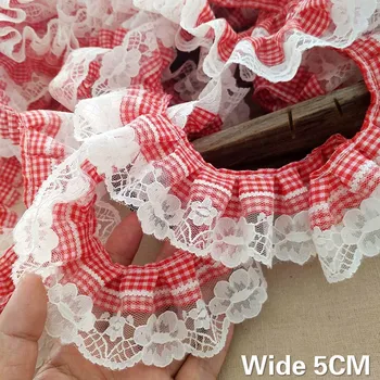 

5CM Wide New Red White Plaid Pleated Lace 3d Flowers Embroidered Ribbon Ruffle Trim DIY Clothing Hair Accessories Home Sewing
