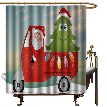 

Christmas Extra Wide Shower Curtain Santa in Red Vintage Truck with Fun Cartoon Xmas Tree and Colorful Fairy Art Print Fabric