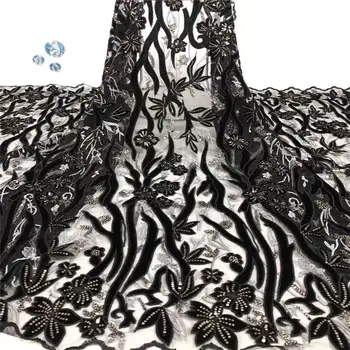 

Latest African Lace Fabric 2019 High Quality Lace Nigerian French beads Velvet Cotton Lace Fabrics Material For Dress Black