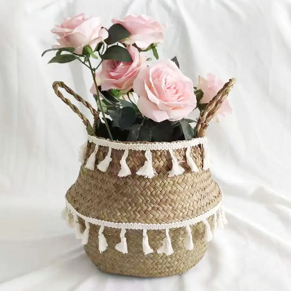 Foldable Seagrass Woven Basket Rack Garden Flower Vase Hanging Holder White Tassel Macrame Storage Basket Household Decoration